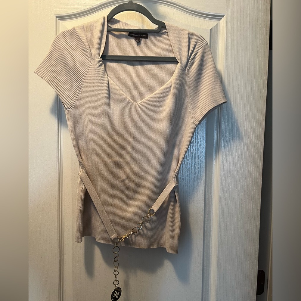 Adrienne Vittadini Ribbed V-Neck Short Sleeve Top with Chain Belt - Cream